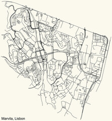 Black simple detailed street roads map on vintage beige background of the quarter Marvila civil parish of Lisbon, Portugal