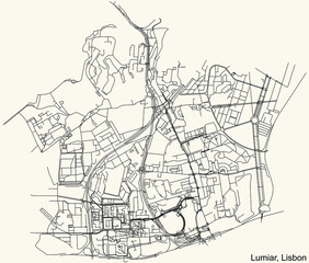 Black simple detailed street roads map on vintage beige background of the quarter Lumiar civil parish of Lisbon, Portugal