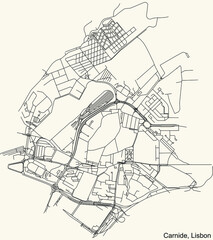 Black simple detailed street roads map on vintage beige background of the quarter Carnide civil parish of Lisbon, Portugal
