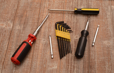 set of tools on wood