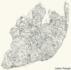 Black simple detailed street roads map on vintage beige background of the civil parishes, quarters and districts of Lisbon, Portugal