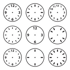 Clock face icon set, watch dial with numbers, black isolated on white background, vector illustration.