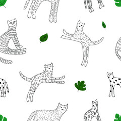 Cats play with leaves. Seamless art pattern with doodle cats. Graphics on a transparent background Vector illustration
