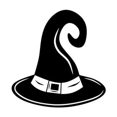 Black witch hat, cartoon isolated on white background, vector illustration for design and decor, Halloween, sticker, template