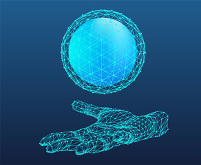 Abstract Technology connection background. Lines and dots connect illustration. the hand and the planet. Design template for brochures, banner, poster. Vector illustration.