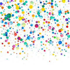 Watercolor confetti on white background. Actual rainbow colored dots. Happy celebration square colorful bright card. Vibrant hand painted confetti.