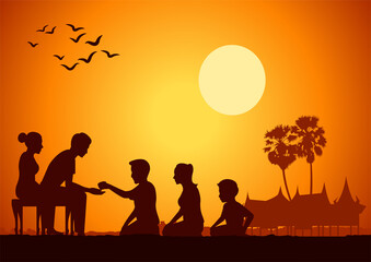 father mother and child pour water to grandparents to pay respect and bless in Song kran day famous festival of Thailand Loas Myanmar and Cambodia,new year,vector illustration