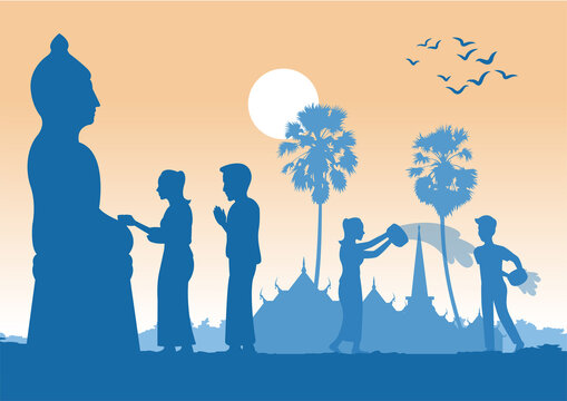 man and woman throw water each other in Song kran day famous festival of Thailand Loas Myanmar and Cambodia,new year,silhouette design,vector illustration