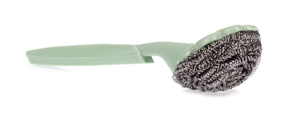 Green Kitchen scrub brush Steel wire isolated on a white background