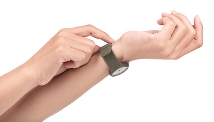 Wrist Watch green strap on hang isolated on white background.