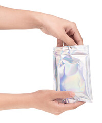 hand holding Aluminum foil bag Plastic Laser Mylar Foil Zip Lock Bag isolated on white background. - 449609926