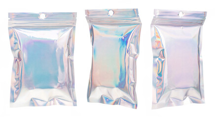 Set of Aluminum foil bag Plastic Laser Mylar Foil Zip Lock Bag isolated on white background. - 449609934