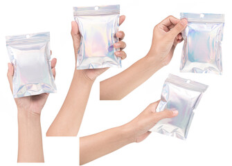 Set of hand holding Aluminum foil bag Plastic Laser Mylar Foil Zip Lock Bag isolated on white...