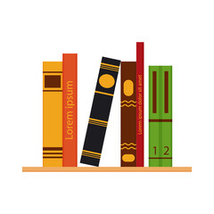 Row and stack of colorful books on shelf