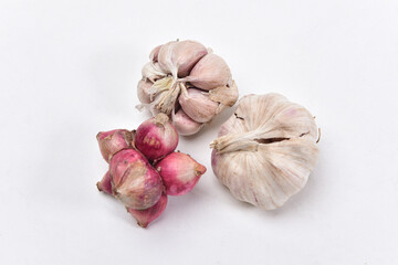 Shallots garlic, Local herbs on white background