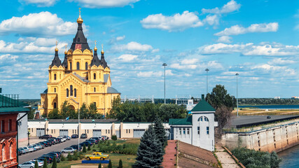 The Orthodox Cathedral of Alexander Nevsky in Nizhny Novgorod in an urban environment