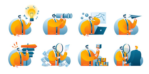 A man in a business suit with binoculars, a paper airplane, a road sign, and stock charts. A set of vector illustrations for the mobile app.