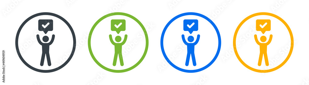 Poster Man with checkmark icon symbol of done understand, correct, complete, accept.