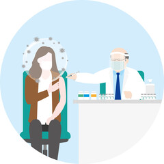 The doctor is vaccinating a woman for herd immunity. Virus protects bubble on people's heads after vaccinated. An immunized person protected from the harmful effect of the virus return to normal life.