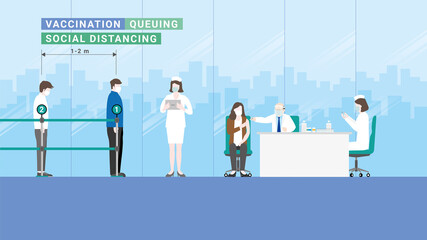 The doctor is vaccinating a woman for herd immunity. Nurses are team assistants to queue up and load the vaccine into the syringe. People are standing in line for vaccines with social distancing.