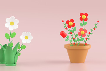 3d rendering cactus and flowers