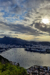 Touristic view of the city of Rio de Janeiro at sunset, from the top of the Sugar Loaf Mountain. Brazil