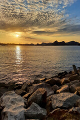 Sunrise on the shores of Guanabara Bay and Flamengo beach, Rio de Janeiro, Brazil.