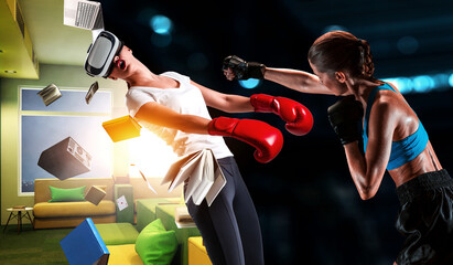 Young woman boxing in VR glasses . Mixed media