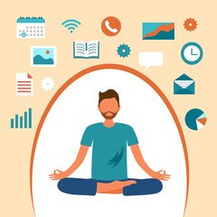 Man meditating in lotus pose and relax mind from business and work. Keep calm and relaxation by meditation.