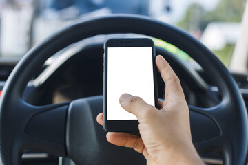 Close up hand man using smartphone with white screen driving car.