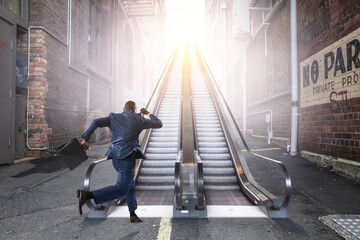 Running black businessman with briefcase