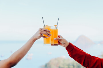 Couple of hands cheering with orange juice on the background of the sea and hills