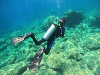 Tourists scuba dive Mediterranian Sea. Marmaris,Turkey.
