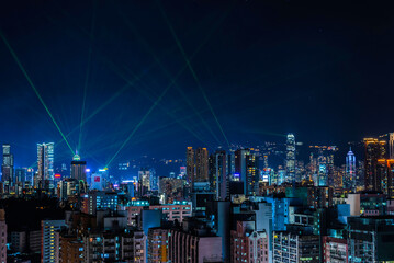  Central area of Hong Kong cityscape with laser show at night.