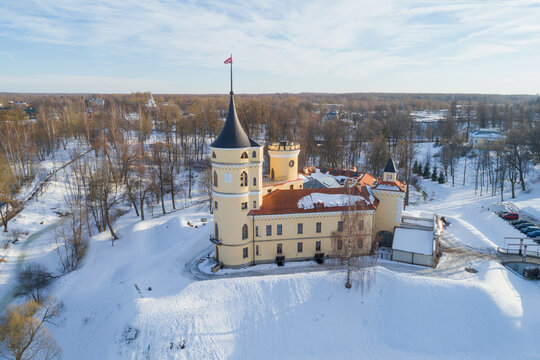View of the old Beep Castle (Marienthal) on a sunny February afternoon. Pavlovsk, vicinity of St. Petersburg. Russia