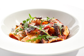 Tuna Cannelloni pasta - noodles plate with tuna fish meat. Pasta dish with tuna, tomato sauce and rocket salad. Restaurant gourmet cannelloni pasta food plate isolated on white background..