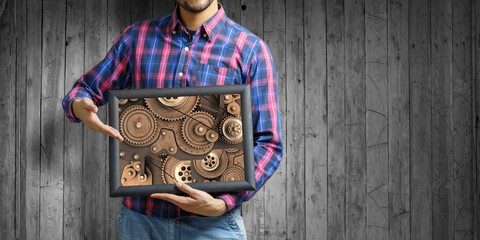 Gears and cogs macro . Mixed media