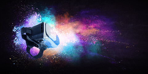Image of floating virtual reality goggles . Mixed media