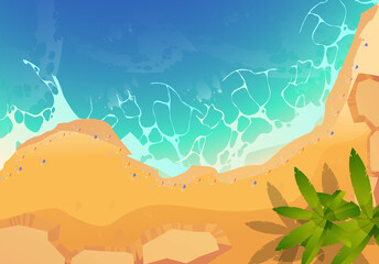 Fototapeta na wymiar Summer on the beach. Palms and plants around. Cartoon vector illustration. Summer vacation on the seashore background design