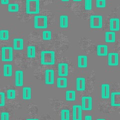 Seamless pattern of green rectangles and textural abstract elements on a gray background for textiles.