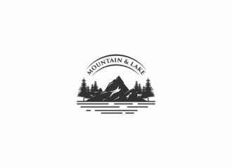mountain and river illustration logo on white background
