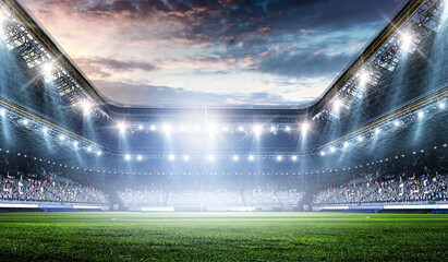 Football stadium background with audience and spotlights - 449622543