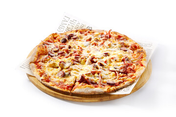 Italian Pizza - Traditional Pepperoni Pizza on Wooden Dish made with Sausage Slice, Tomato Sauce and Cheese. Isolated on White Background.