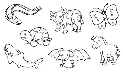Cute design animal outline vector set 20 (shark turtle bat cow horse butterfly eel)