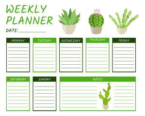 Cute Calendar Weekly Planner Template with vector cacti Illustration