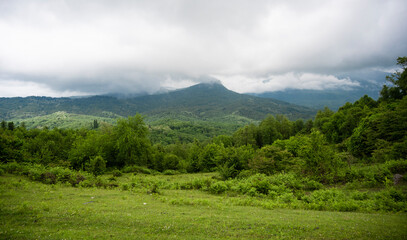 Fototapeta na wymiar Beautiful mountains in the clouds in the Republic of Abkhazia