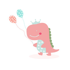 Princess Pink and Light Blue Polka dot dinosaurs with Crown and balloon Isolated on white background. Dino for Kids postcard,poster,wallpaper,product,fabric,t-shirt,print. Vector Illustration