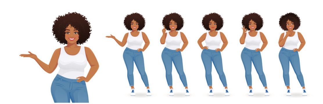 Young happy beautiful black plus size woman wearing jeans in different poses isolated vector illustration