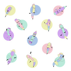 Hand drawn Trendy pastel colors seamless pattern with cute pens cartoon in variety style more elements. Vector illustration in white background for t-shirt print, kids wear fashion design, baby card.