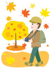 紅葉狩りをする男性のイラスト